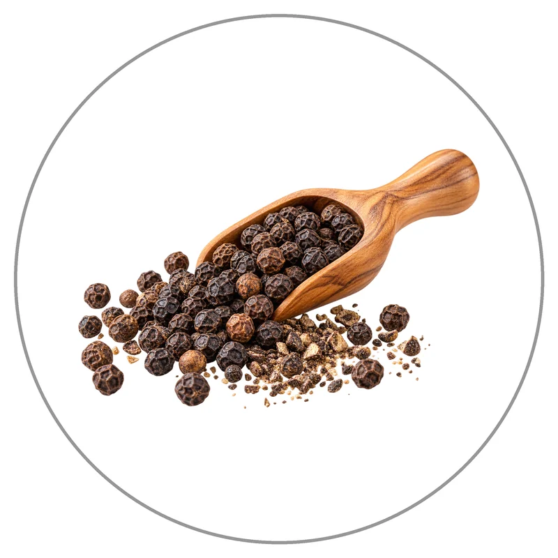 Wooden Scoop of Black Peppercorns